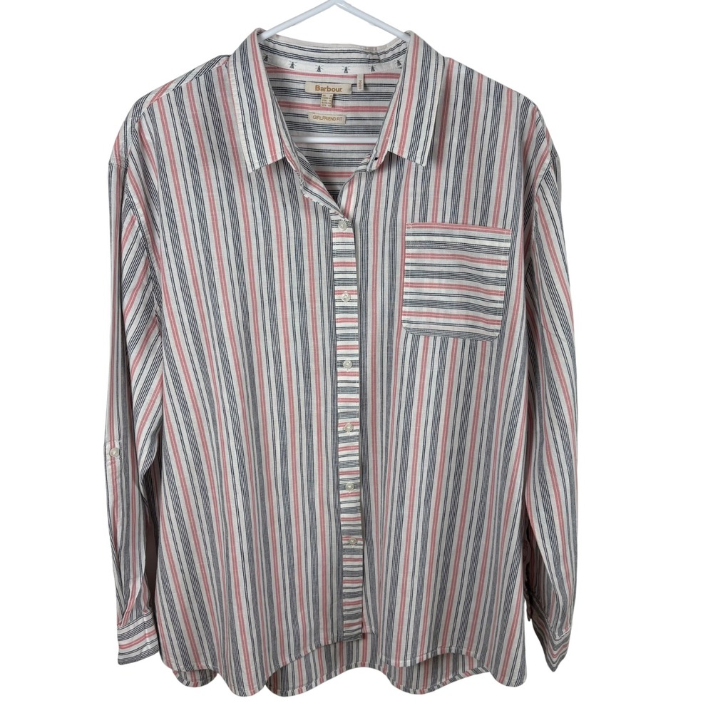 Barbour Holywell‎ Shirt Women's 14 Pink Black Striped Cotton Linen Quiet Luxury
